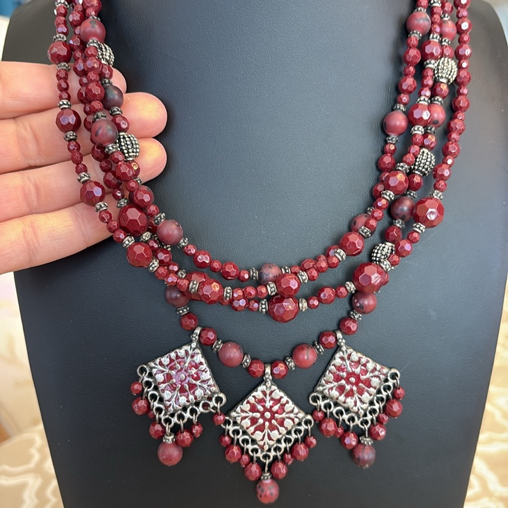 Chico's Multi Stranded Red Silver Statement Neckl… - image 1